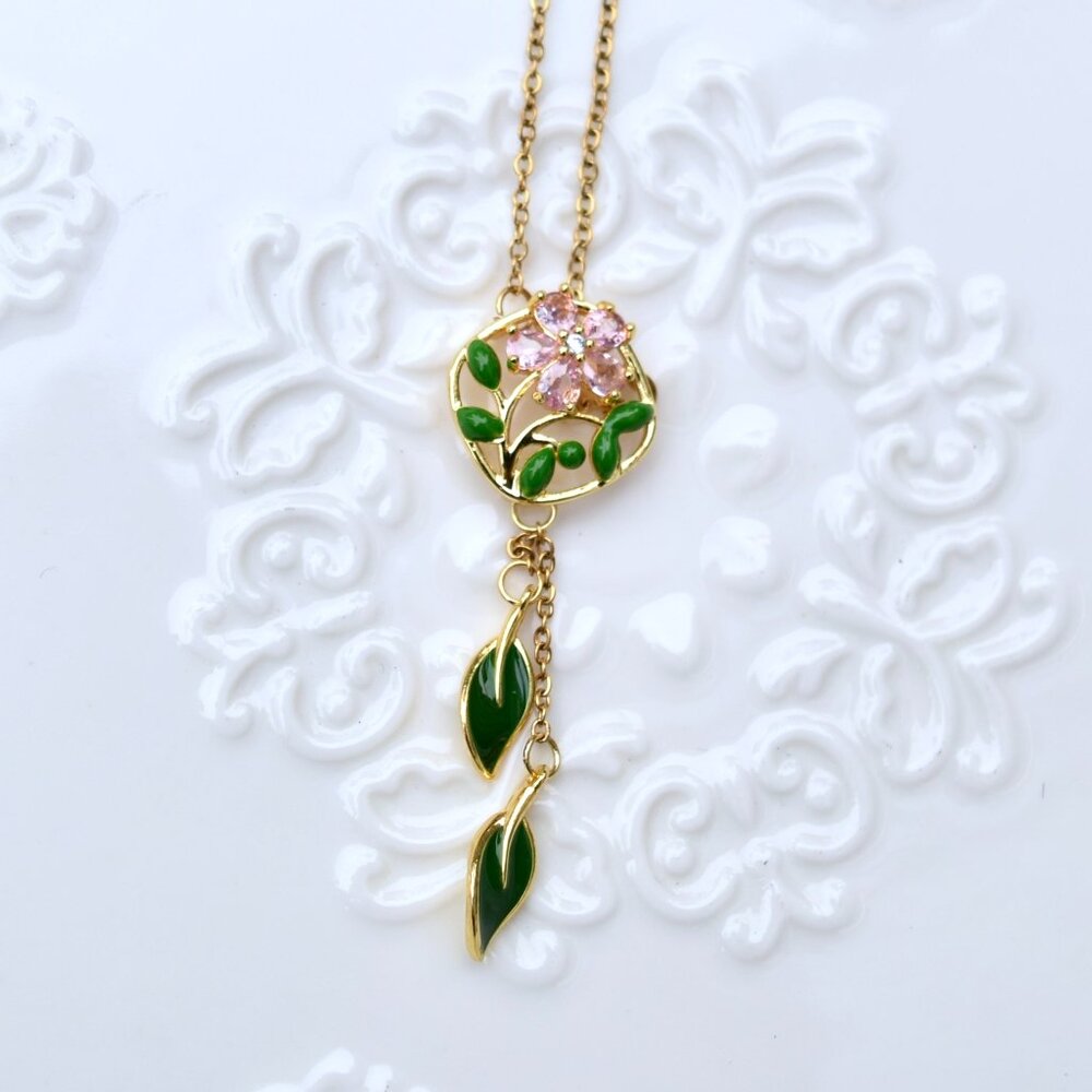 Golden Crystals Pink Flower Charm Necklace